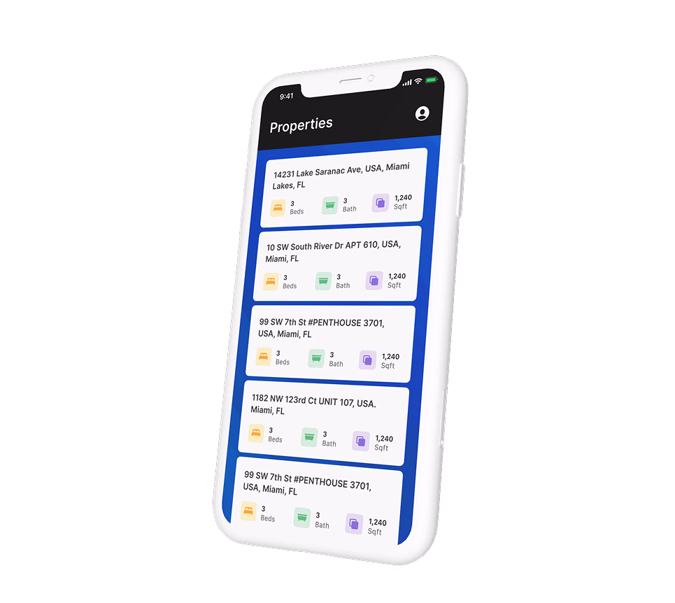 Mobile app showing AI receptionist real estate listings with bed, bath, and sqft details
