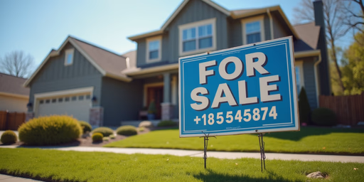 House for sale with sign displaying phone number on lawn in front of property